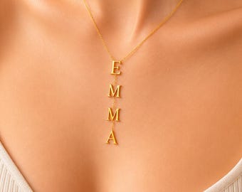 Personalized Vertical Name Necklace, Custom Name Pendant, Gold Initial Necklace, Minimalist Gift for Her