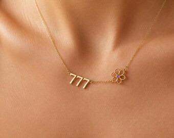 777 Angel Number Necklace with Birth Flower Charm, Minimalist Spiritual Jewelry