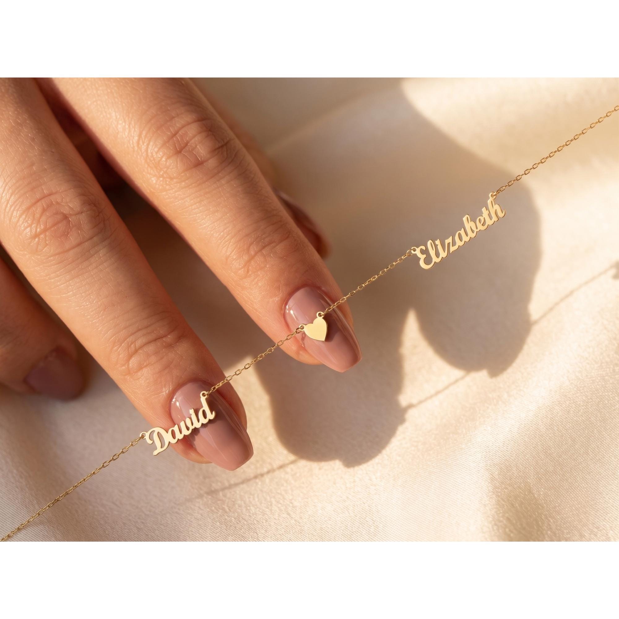 Personalized Couple Name Necklace with Heart, 14K Gold Plated Jewelry