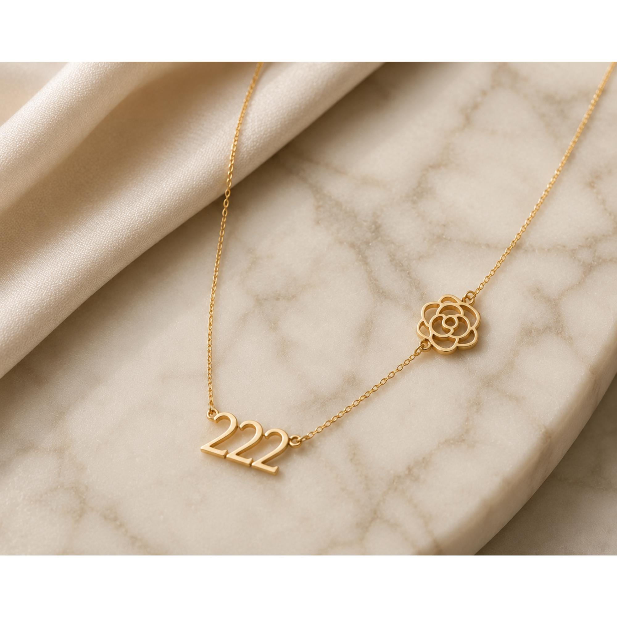 Angel Number 222 Necklace, Minimalist Gold Floral Pendant, Spiritual Manifestation Jewelry