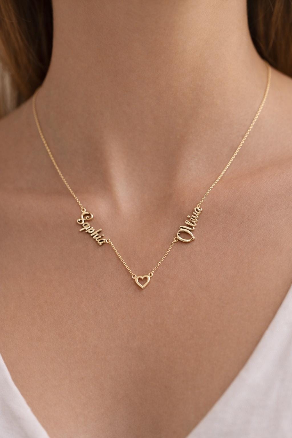 Personalized Two Name Heart Necklace, Gold Plated Dainty Jewelry
