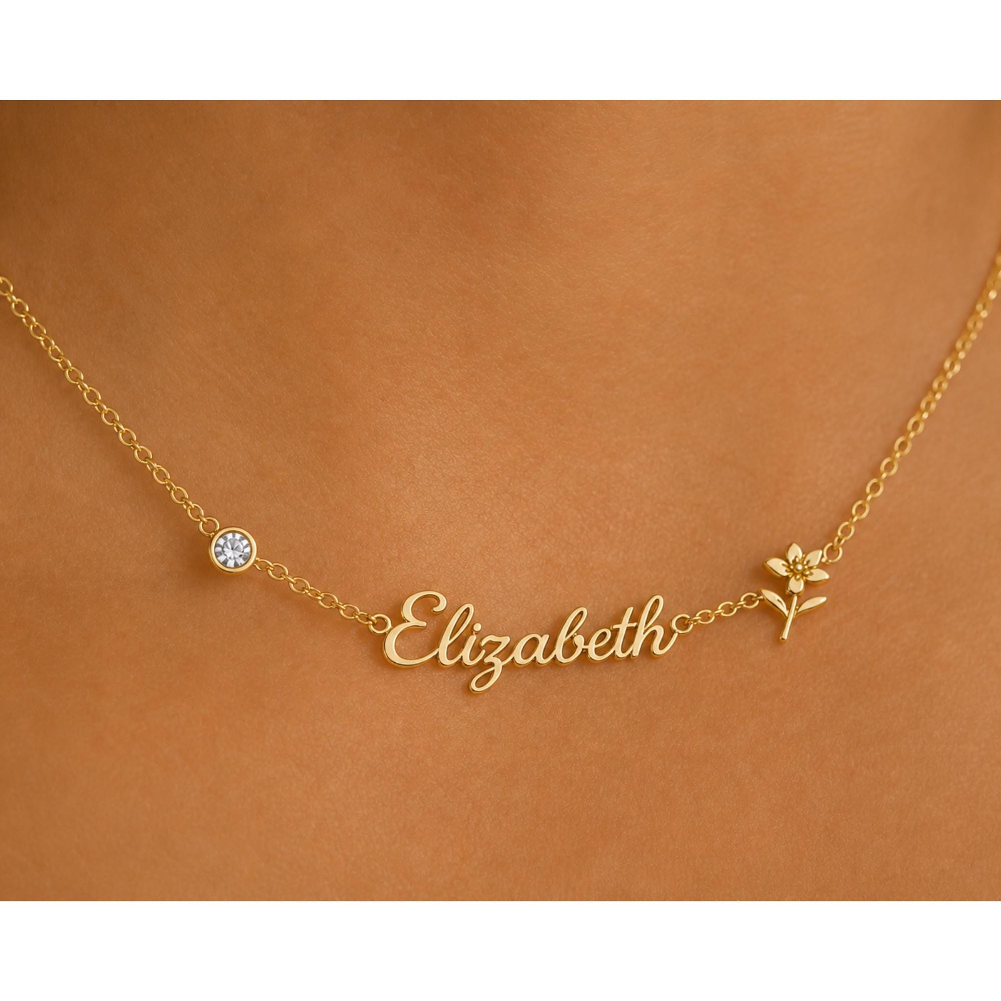 Personalized Name Necklace with Birthstone Flower, Gold Plated Jewelry Gift