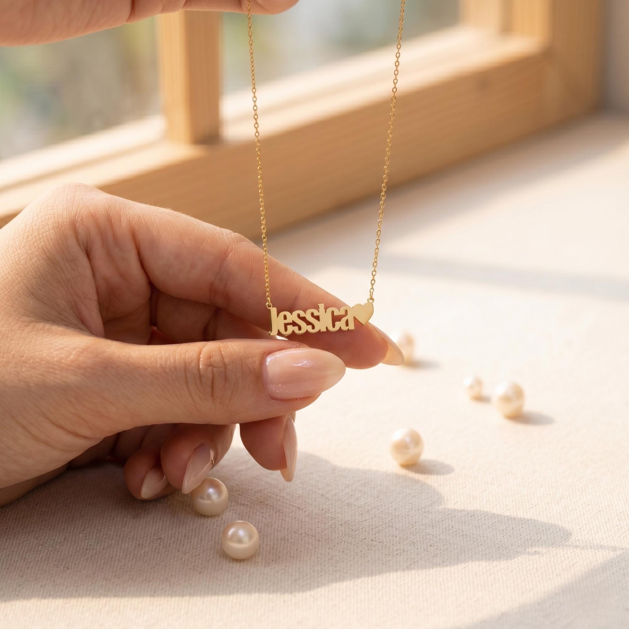 Personalized Name Necklace with Heart, 14K Gold Plated Custom Jewelry