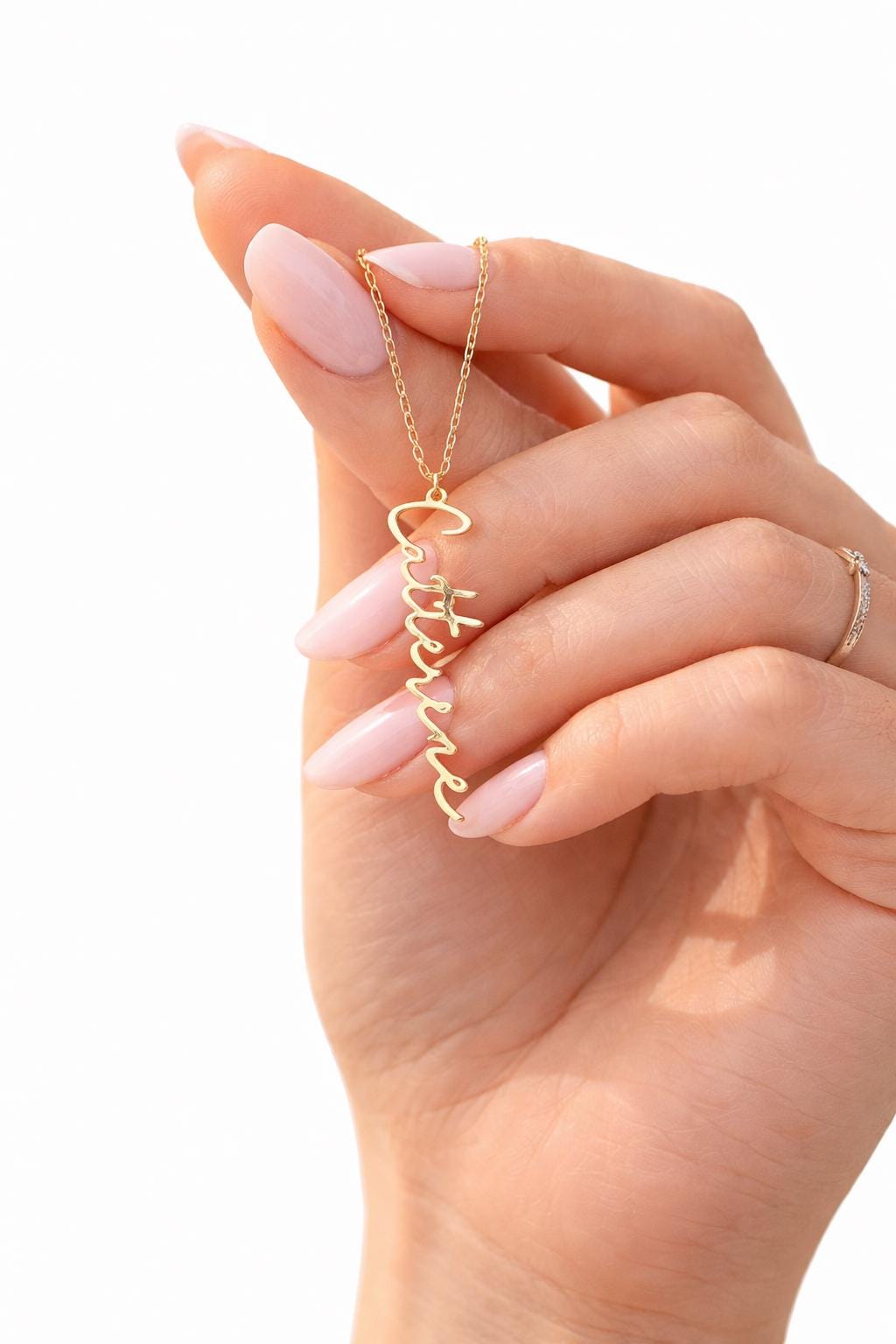 Personalized Vertical Name Necklace, Custom Script Gold Plated Jewelry
