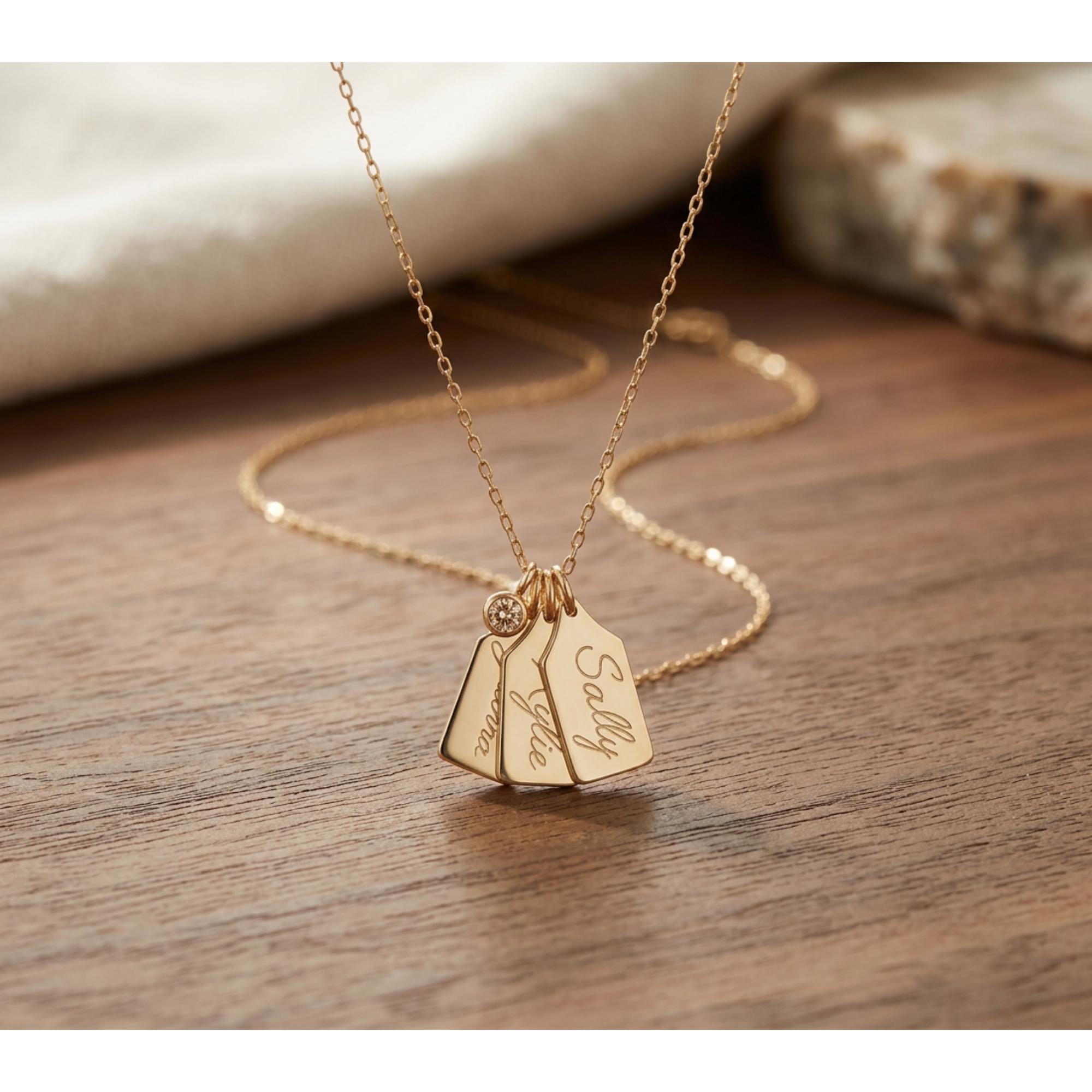 Personalized Gold Plated Name Necklace, Custom Family Jewelry, Engraved Charm Pendant