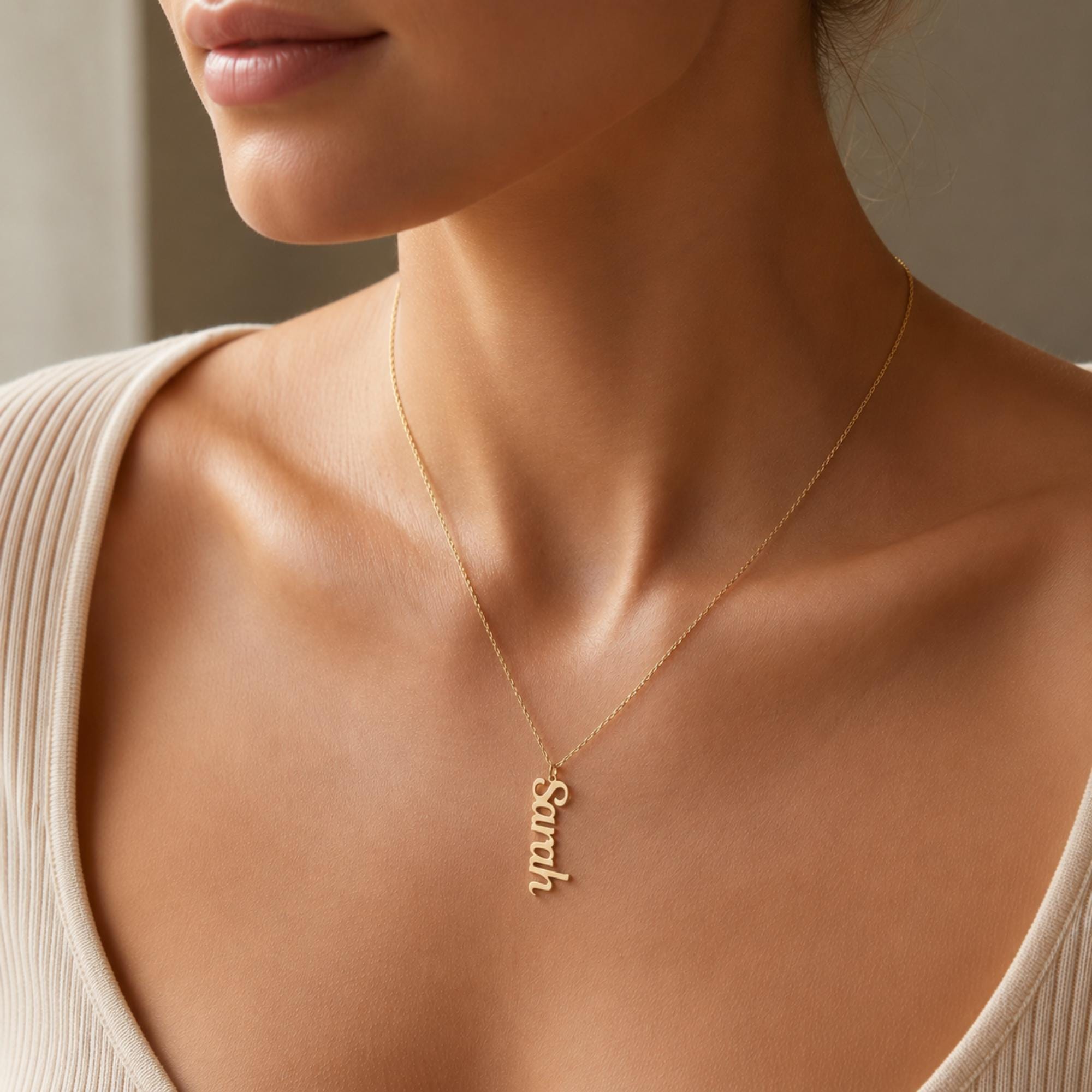 Personalized Vertical Name Necklace, Elegant Gold Plated Custom Jewelry