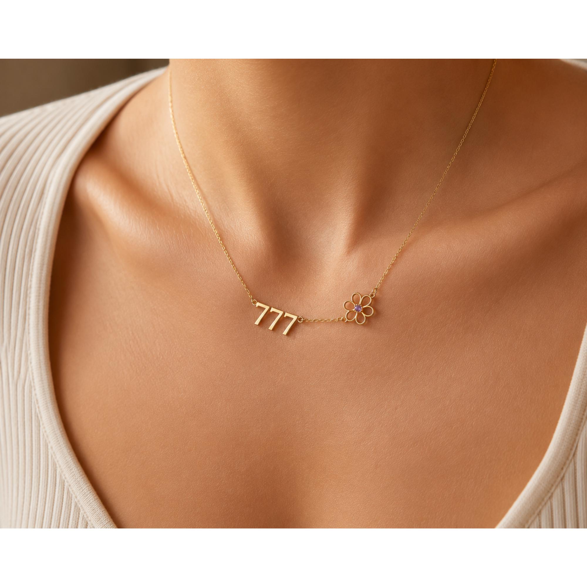 777 Angel Number Necklace,Birth Flower,Spiritual Lucky Number Necklace,Personalized Necklace,Minimalist Gift for Her,Manifestation Jewelry