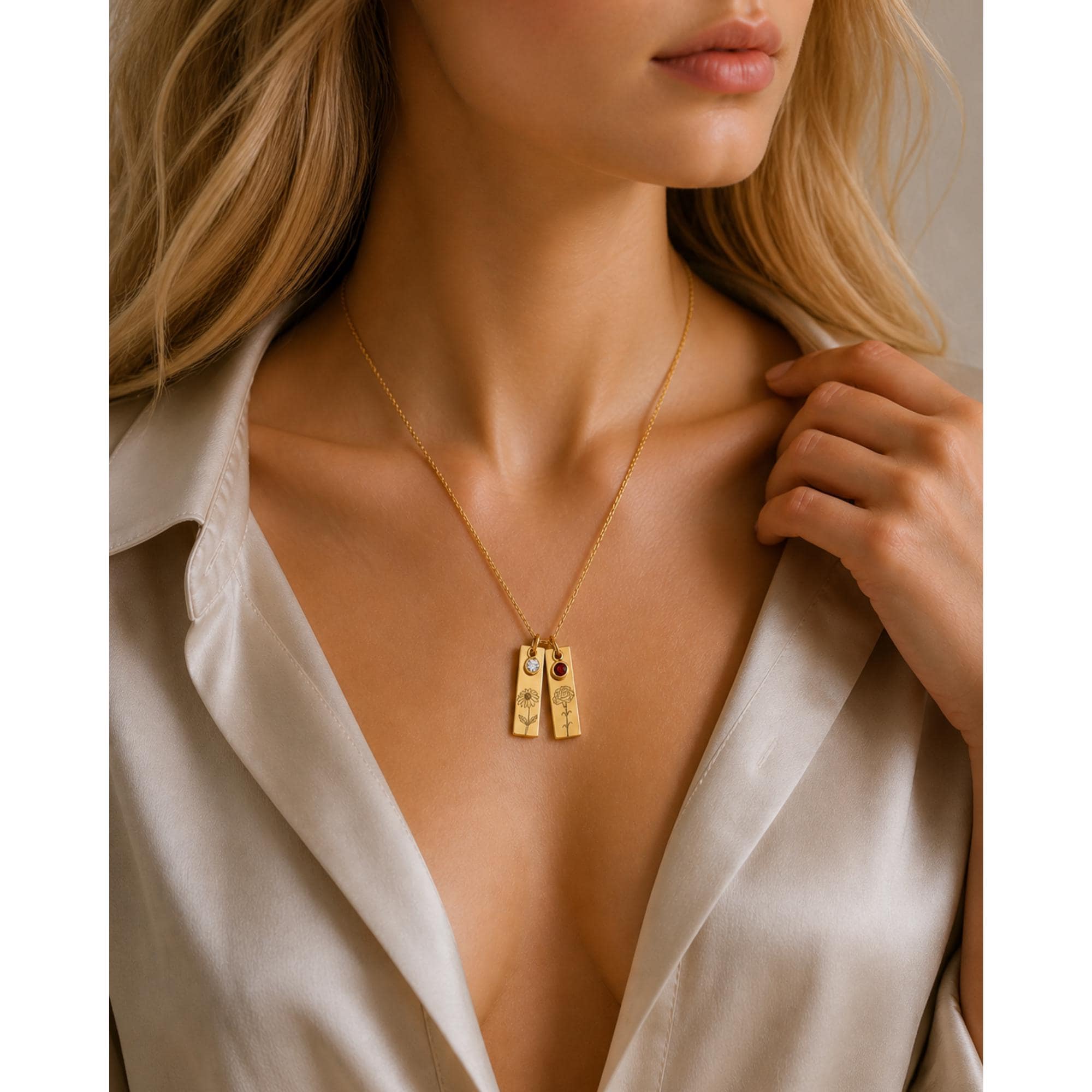 Personalized Birth Flower Necklace with Birthstone, Gold Bar Gift for Mom