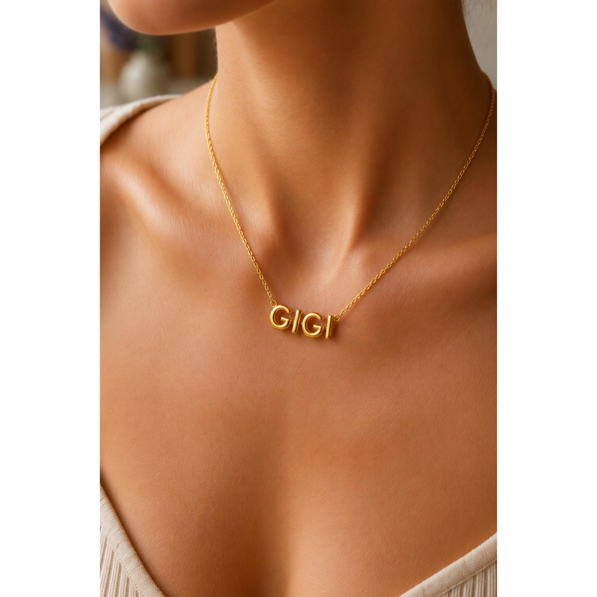 Personalized Bubble Letter Name Necklace, 14k Gold Plated Minimalist Jewelry