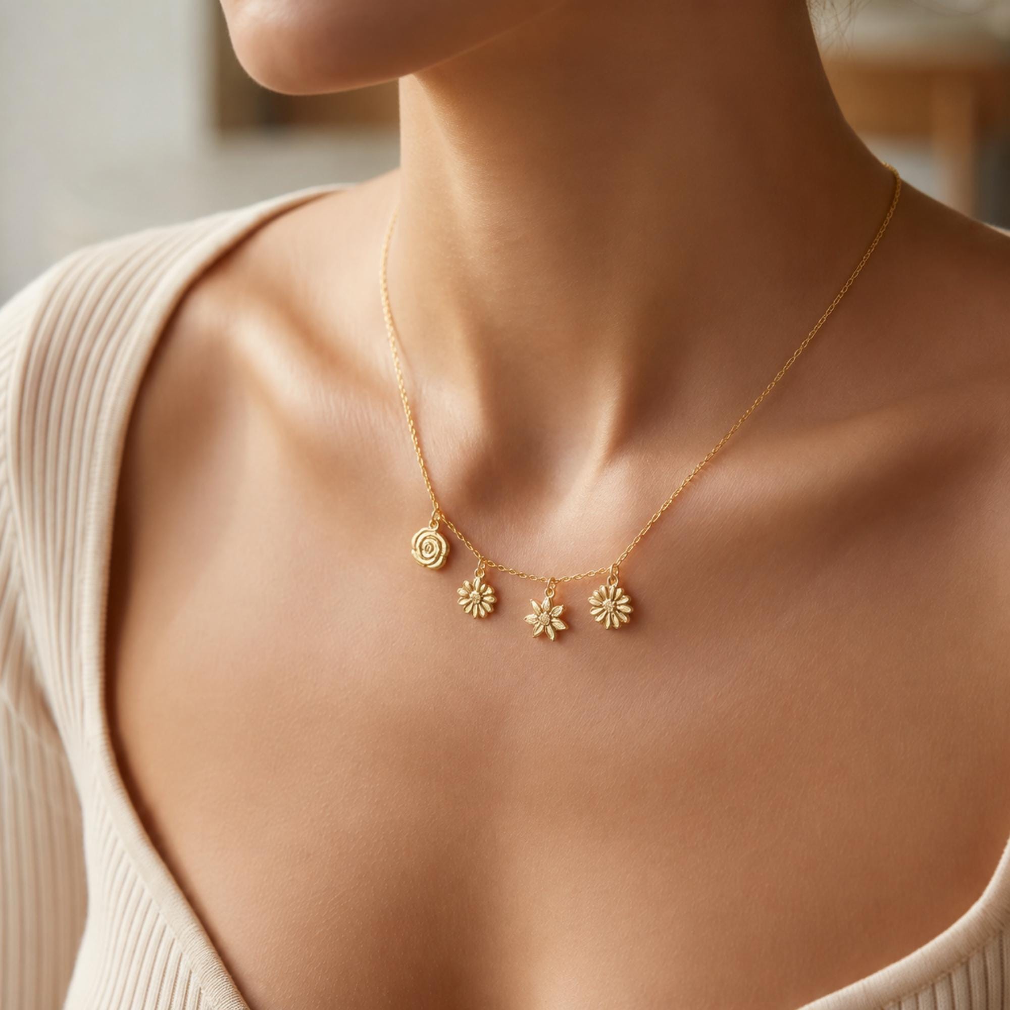 Personalized Birth Flower Gold Plated Necklace, Minimalist Layering Jewelry