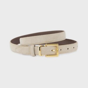 May include: A neutral-toned belt with a gold-colored rectangular buckle. The belt is made of a light beige suede-like material on the outside and a darker brown material on the inside. The belt has several holes for adjustment.