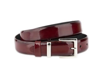 Burgundy Patent Leather Belt for Men, Slim Dress Belt, Glossy Leather Belt, Formal Belt, 3 cm Belt, Classic Mens Belt, Gift for Him