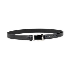 Black patent leather belt for men with silver buckle, slim glossy dress belt for formal wear and office outfits on white background