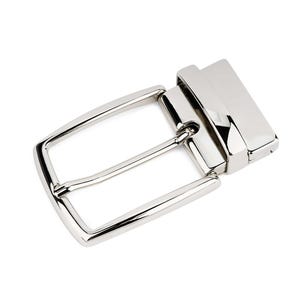 May include: A shiny, silver-colored belt buckle with a rectangular frame and a central bar. The buckle has a polished finish, reflecting light, and is designed for a belt. The design is simple and modern.