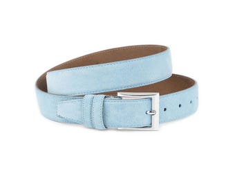 Light Blue Suede Belt Genuine Leather, Sky Blue Belt For Men, Mens Leather Belt, Belt for Jeans, Gift for Him, Silver Buckle Belt