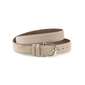 May include: A beige suede belt with a silver-colored buckle. The belt is rolled up, showcasing its texture and design. The buckle is a simple, elegant design.