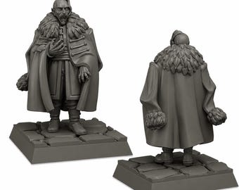 May include: Two grey unpainted miniature figures of a vampire-like character standing on stone-textured square bases. The figure wears a long cloak with a thick fur collar and cuffs, layered tunic, and boots, shown from both front and back views.