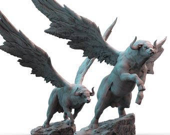 May include: Two grey, monochromatic statues of winged bulls in dynamic poses. Each bull features large, feathered wings extended upwards, muscular bodies, and curved horns, standing on a textured, rocky base against a plain white background.