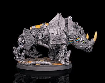 May include: A mechanical rhinoceros figurine featuring a weathered silver metallic finish with intricate gear and plate detailing. The creature has yellow horns, exposed colorful wiring at the neck, and a yellow cylindrical component on its back.