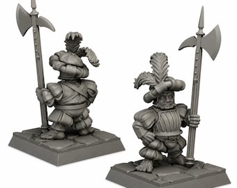 May include: Two unpainted gray miniature figures standing on square stone-textured bases. Each figure wears a plumed hat and puffed armor, holding a tall polearm with a large axe blade. The figures are depicted from front and back angles.