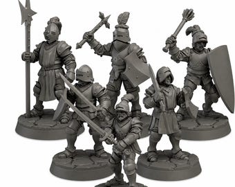 May include: A group of six gray miniature figurines of medieval knights in full armor, each posed with a different weapon, including swords, a spear, a mace, and an axe. The figures stand on textured circular bases.