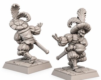 May include: A light gray miniature figurine of a skeleton dressed in Renaissance-style clothing, including a wide-brimmed hat with a large feather, puffed sleeves, and breeches. The figure stands on a square stone-textured base with a sword.
