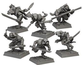 May include: A set of six unpainted gray plastic miniature figures depicting anthropomorphic rat warriors in hooded cloaks. Each figure stands on a square stone-textured base and is posed in a dynamic combat stance, wielding various swords and polearms.