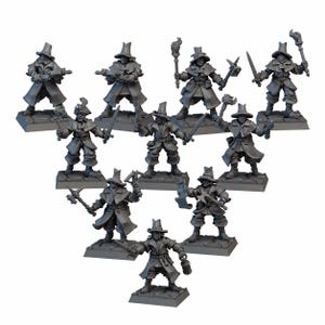 May include: A collection of unpainted miniature figurines of fantasy characters. Each figure is dressed in a long coat and hat, and holds a weapon or tool, such as a sword, axe, or torch. The figures are on square bases.