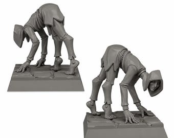 May include: Two grey unpainted miniature figurines depicting a hunched humanoid creature wearing a hooded tunic. The figure is positioned on all fours with elongated limbs, clawed hands, and bare feet, standing on a square stone-textured base.