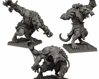May include: Three grey plastic miniature figures of anthropomorphic rat creatures in dynamic combat poses. Each figure stands on a square base with a textured stone pattern, featuring muscular builds, sharp claws, and detailed fur textures.