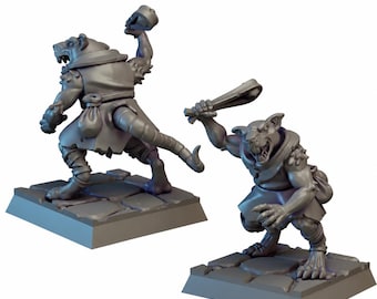 May include: Two grey unpainted miniature rat-like humanoid figures standing on square stone-textured bases. One figure is viewed from the back holding a small object, while the other is viewed from the front holding a club-like weapon.