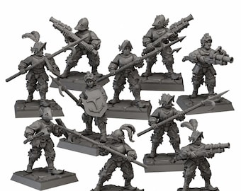 May include: A collection of gray miniature figurines of soldiers in historical armor. Each figure is posed with a weapon, such as a spear, halberd, or a small cannon. The figures are standing on individual square bases.