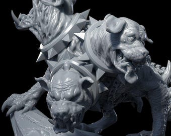 May include: A gray, three-headed canine figurine with sharp teeth, textured skin, and spiked collars around each neck. The creature is depicted in a snarling, aggressive stance, standing on a rocky base with visible skeletal remains.