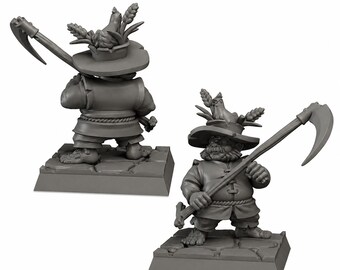 May include: Two grey miniature figurines of a stout character wearing a wide-brimmed hat adorned with a chicken and wheat stalks. The figure holds a large scythe over one shoulder and stands on a square, stone-textured base, shown from two angles.
