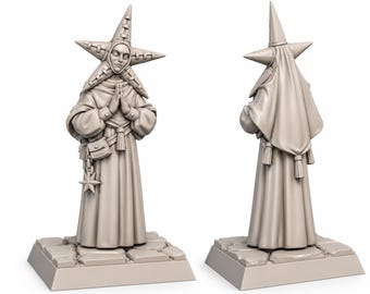 May include: A light gray unpainted resin miniature figure of a robed individual with hands in a prayer position. The figure wears a star-shaped headpiece with stitched details, a long flowing robe, a small satchel, and a star-shaped pendant.