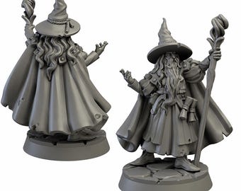 May include: A gray unpainted miniature figurine of a wizard standing on a circular stone base. The figure wears a long robe, a cloak, and a pointed hat, holding a tall staff in one hand and gesturing with the other, featuring a long beard.