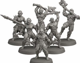 May include: A collection of six gray fantasy miniatures depicting muscular orc warriors in dynamic poses. Each figure is armed with weapons such as axes, spears, and swords, and stands on a circular base. The figures are detailed with armor and facial expressions.