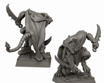 May include: Two gray fantasy miniatures of humanoid creatures, each holding a curved blade. One figure stands, cloaked, with a tail-like appendage. The other kneels, also cloaked, in a ready stance. Both are on stone-like bases.