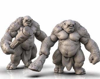 May include: Two grey, unpainted miniature troll figurines standing side by side. Each figure has a muscular, bulky build with textured skin, a loincloth, and a stern facial expression. One troll holds a wooden club, while the other holds a stone club.