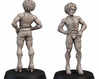May include: A gray unpainted miniature figurine of a person with curly hair, wearing a lace-up crop top, shorts with garters, and platform high heels. The figure is shown from both the front and back views, standing on a circular black base.