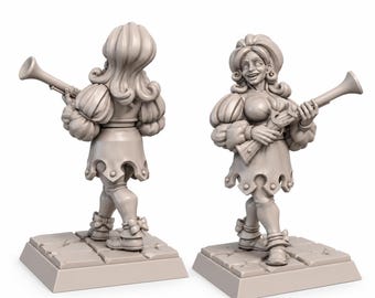 May include: A light gray unpainted miniature figurine of a person with voluminous hair, wearing a tunic with puffed sleeves and a scalloped hem, holding a long-barreled firearm. The figure stands on a square base with a stone-like texture.