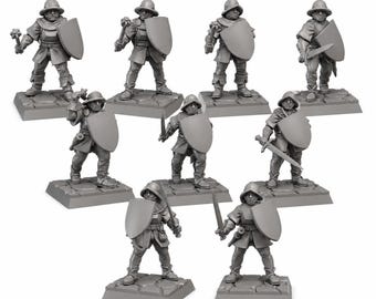 May include: A set of nine unpainted gray plastic miniature soldier figurines, each wearing a helmet and armor, carrying a shield, and holding a weapon such as a sword or mace. Each figure stands on a square base with a textured stone pattern.