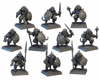 May include: A set of ten grey unpainted miniature rat-like warrior figures standing on square stone-textured bases. Each figure wears plate armor and a helmet, and they are equipped with various weapons including swords, spears, and maces.