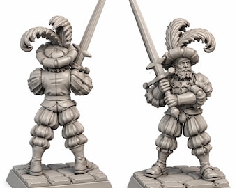 May include: Two grey miniature figurines of a bearded warrior standing on a stone-textured base. The warrior wears a feathered hat, puffed sleeves, and breeches, holding a long sword upright with both hands in a defensive stance.