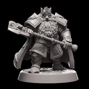 May include: A grey miniature figurine of a bearded dwarf king wearing ornate plate armor, a crown, and a long cape. The figure holds a large, detailed battle axe in both hands and stands on a circular base against a solid black background.
