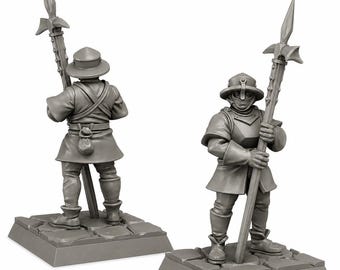 May include: Two unpainted gray miniature figurines of soldiers standing on square stone-textured bases. Each figure wears a helmet and armor, holding a long polearm weapon. One figure is shown from the front, and the other is shown from the back.