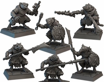 May include: A collection of gray miniature fantasy figures, each posed on a square base. The figures are humanoid rat-like creatures, armed with weapons such as a blunderbuss, a mace, a sword, a spear, and a shield. The figures are in a battle-ready stance.