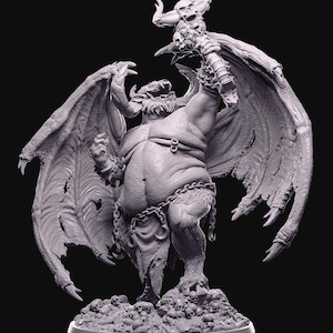 May include: A grey, unpainted resin miniature of a winged demon figure with horns, standing on a pile of skulls. The figure holds a staff topped with a skull, features a muscular build, tattered wings, and wears a chain belt around its waist.