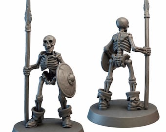 May include: Two gray miniature skeleton figures, one facing forward and the other backward. Each skeleton holds a spear and a shield. The figures are on gray circular bases, and wear boots. The skeletons are detailed and appear to be part of a fantasy game.