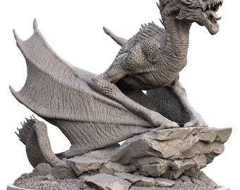 May include: A grey, unpainted dragon figurine perched on a rocky base. The dragon has detailed scales, large wings spread wide, and an open mouth showing teeth and a tongue. It is positioned on a circular platform, captured in a dynamic pose.